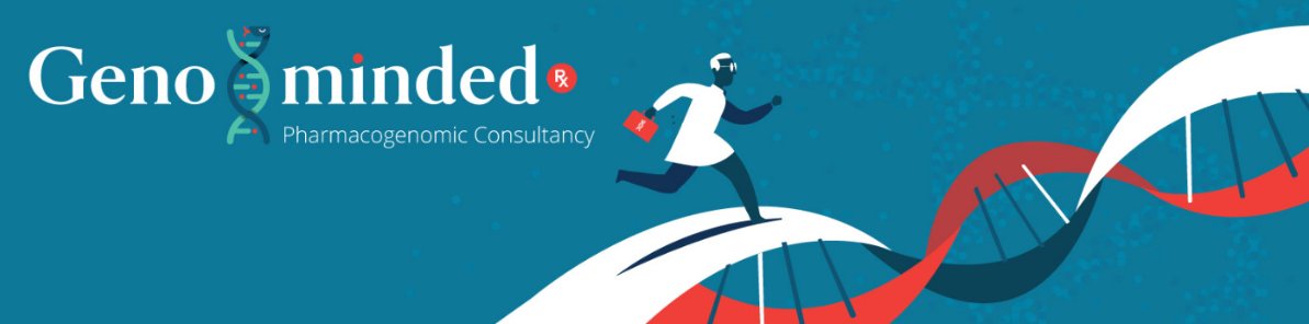 Geno-minded Rx — Pharmacogenomic Consultancy, pharmacist running on a DNA helix
